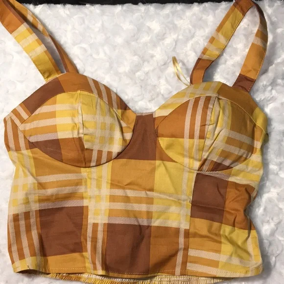 Plaid Vintage twine & string NY CORSET PLAID TOP padded  brown plaid size M - Picture 6 of 13